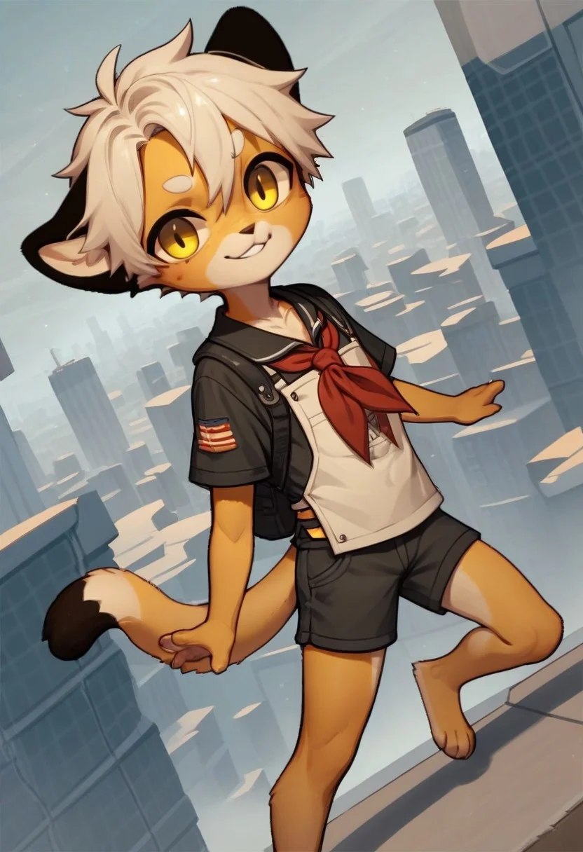 solo, furry, anthro, mikus, 1boy, solo, paws, boy, petite boy, slim boy, small boy, (white hair, dark yellow eyes, yellow fur, dotted eyebrows, small eyebrows, white eyebrows, white fur, yellow paws, (tail tip black:1.8), black ears), Soviet schoolgirl uniform, frilled apron, red neckerchief, score_8_up, score_7_up, score_6_up, score_5_up, score_4_up, outdoors, cityscape, dutch angle, random pose, spontaneous pose, random view, view from different angles, shorts, chibi, smile, slim tail