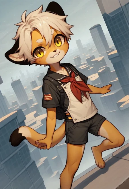 solo, furry, anthro, mikus, 1boy, solo, paws, boy, petite boy, slim boy, small boy, (white hair, dark yellow eyes, yellow fur, dotted eyebrows, small eyebrows, white eyebrows, white fur, yellow paws, (tail tip black:1.8), black ears), Soviet schoolgirl uniform, frilled apron, red neckerchief, score_8_up, score_7_up, score_6_up, score_5_up, score_4_up, outdoors, cityscape, dutch angle, random pose, spontaneous pose, random view, view from different angles, shorts, chibi, smile, slim tail