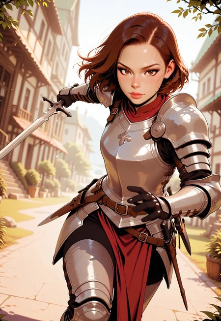 HDR, 8K, high contrast, masterpiece, best quality, amazing quality, very aesthetic, realistic, newest, (artist:incase:0.5), (artist:tsuaii:0.5), (flat colors:2),
1girl, focused subject, dynamic angle, action shot, plate armor, whimsical ghostly woman hkbeauty looking at the viewer while aiming with a steel sword, fantasy, brown hair, brown eyes, outdoor, blurry background, red cape, knife belt