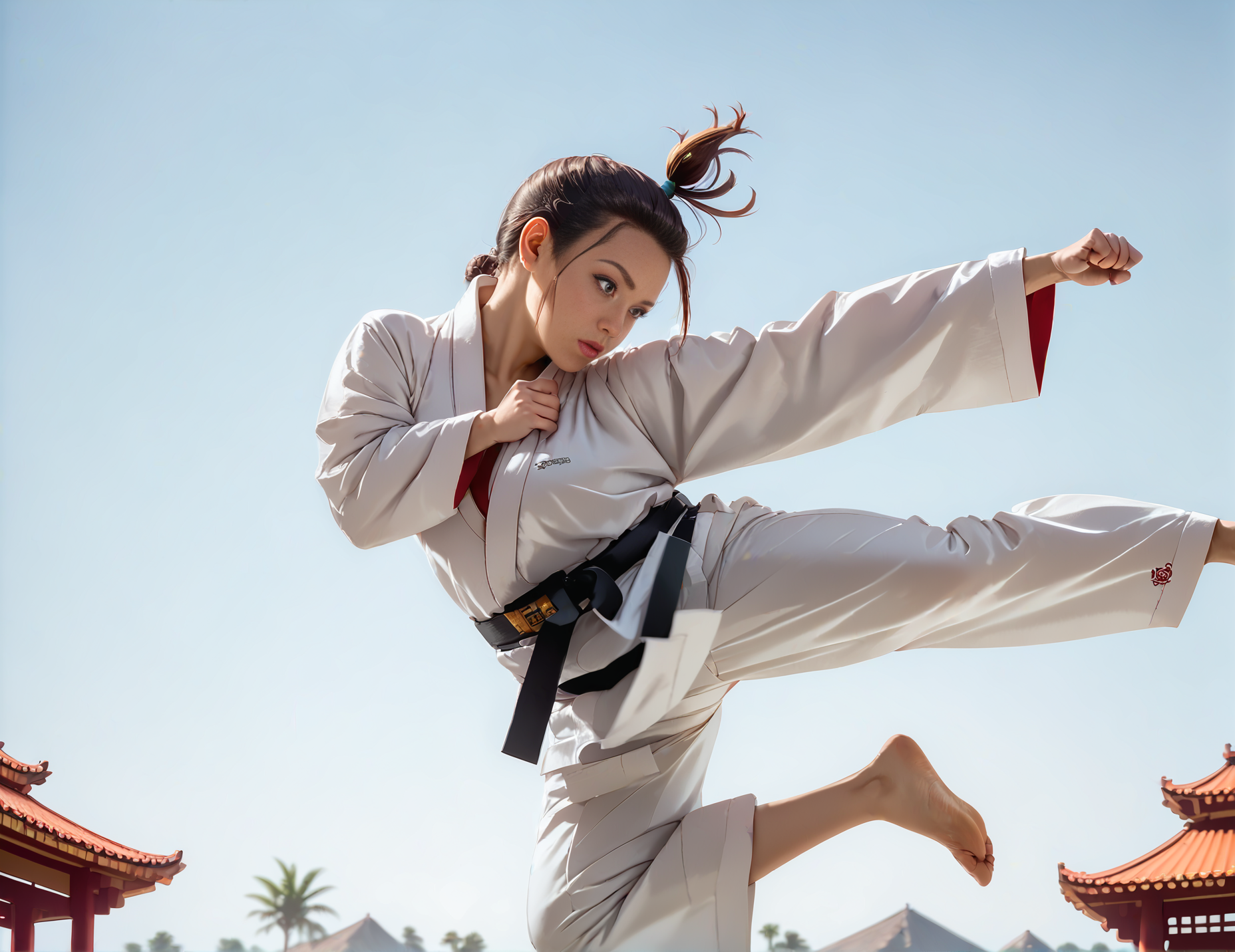 score_9, score_8_up, score_7_up, jusiki, side view, (slim 25yo female), doing a high jump sidekick, in front of pagoda. karate uniform and black belt,short brunette ponytail <lora:JumpedSideKickPony-000007:1>