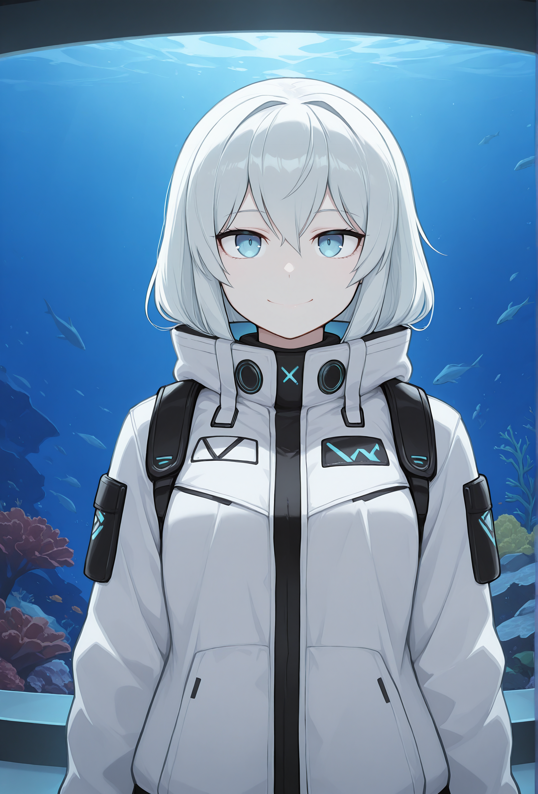(masterpiece, best quality, very aesthetic, absurdres:1.2), 1girl, science fiction, aquarium, pale skin, white hair, straight-on, jacket, looking at viewer, smile, <lora:softhanten_style_illustrious_v1:1> shstyle, blue eyes