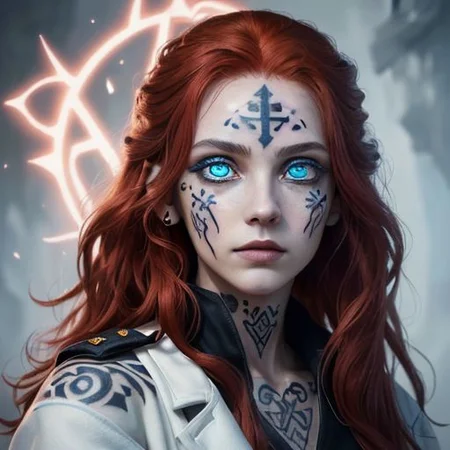 bright red hair, human female, (feminine:1.7), (beautiful face, detailed face:1.6), (beautiful eyes, detailed eyes:1.7), (looking at viewer, eye contact, intense:1.6), (long hair, red hair, curly hair:1.3), , ((masterpiece, best quality, high resolution, realistic, best quality,)), photo realistic, Perfect Face, (detailed face). <lora:GoodHands-vanilla:0.6> <lora:add-detail-xl:0.8>, mage, (Dress White military uniform coat), dagger, rune dagger, glowing runes, , (((glowing magic symbols tattoos, religious tattoos))), ((face tattoos)), glowing tattoos, stone tower in the background