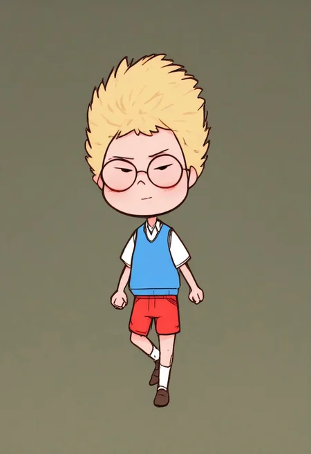 score_9, score_8_up, score_7_up, source_cartoon, solo,1boy, solo, human, male focus, Lewisrobinson, blonde spiky hair, glasses, blue vest, red shorts, white shirt, confident pose, cartoon style, brown shoes, white socks. looking at viewer, standing, dynamic pose, motion blur, motion lines, legs apart, black space background, ng_deepnegative_v1_75t, By bad artist , bad_pictures, fcNeg, chibi,