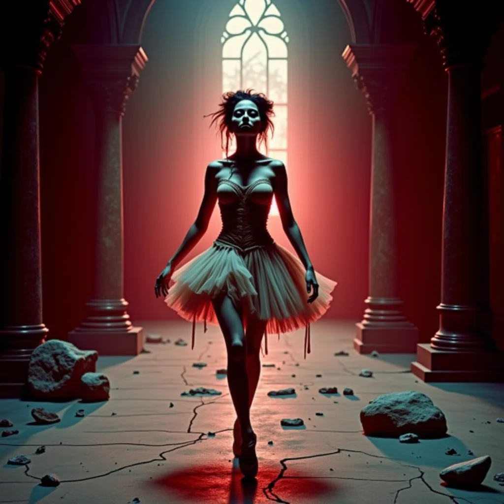 analog film photo 3/4 body shot of a hauntingly graceful zombie ballerina with glazed white eyes, posed en pointe amid cracked concrete and ash, in a decaying opera house. Her dusty skin and tattered ivory tutu catch the prism glow of red dusk streaming through shattered stained glass. Raven hair in a disheveled bun with loose strands. Shot on expired 35mm film with backlighting from floor level, capturing analog grain and dreamy flares.
<lora:undead denizens v2.2:1> udenv2, undead_creature . faded film, desaturated, 35mm photo, grainy, vignette, vintage, Kodachrome, Lomography, stained, highly detailed, found footage, RAW candid cinema, 16mm, color graded portra 400 film, remarkable color, ultra realistic, textured skin, remarkable detailed pupils, realistic dull skin noise, visible skin detail, skin fuzz, dry skin, shot with cinematic camera