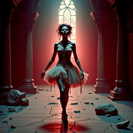 analog film photo 3/4 body shot of a hauntingly graceful zombie ballerina with glazed white eyes, posed en pointe amid cracked concrete and ash, in a decaying opera house. Her dusty skin and tattered ivory tutu catch the prism glow of red dusk streaming through shattered stained glass. Raven hair in a disheveled bun with loose strands. Shot on expired 35mm film with backlighting from floor level, capturing analog grain and dreamy flares.
<lora:undead denizens v2.2:1> udenv2, undead_creature . faded film, desaturated, 35mm photo, grainy, vignette, vintage, Kodachrome, Lomography, stained, highly detailed, found footage, RAW candid cinema, 16mm, color graded portra 400 film, remarkable color, ultra realistic, textured skin, remarkable detailed pupils, realistic dull skin noise, visible skin detail, skin fuzz, dry skin, shot with cinematic camera