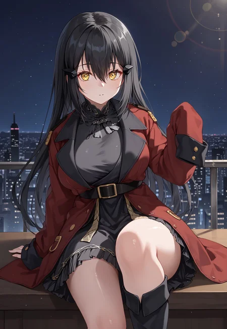 DandelionSKK, long hair, black hair, yellow eyes, griffin & kryuger military uniform, hair ornament, red coat, black belt, bangs, hair between eyes, sleeves past wrists, black dress, large breasts, long sleeves, hairclip, open coat,
looking at viewer, sitting, leg up, knee up,
indoor, cityscape, neon lights, dark, night, night sky,
1girl, solo, solo focus, highres, absurdres, light particles, backlighting, shade, lens flare, shiny skin, fine fabric emphasis,