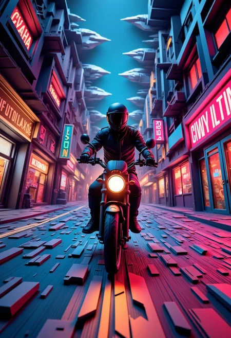 A paper quilling, layered paper depiction of a man riding a motorbike through a futuristic city, with neon lights illuminating the speed trails and glowing streets as he races through the urban night scene, arcanefgtnr stylish dark illustration
