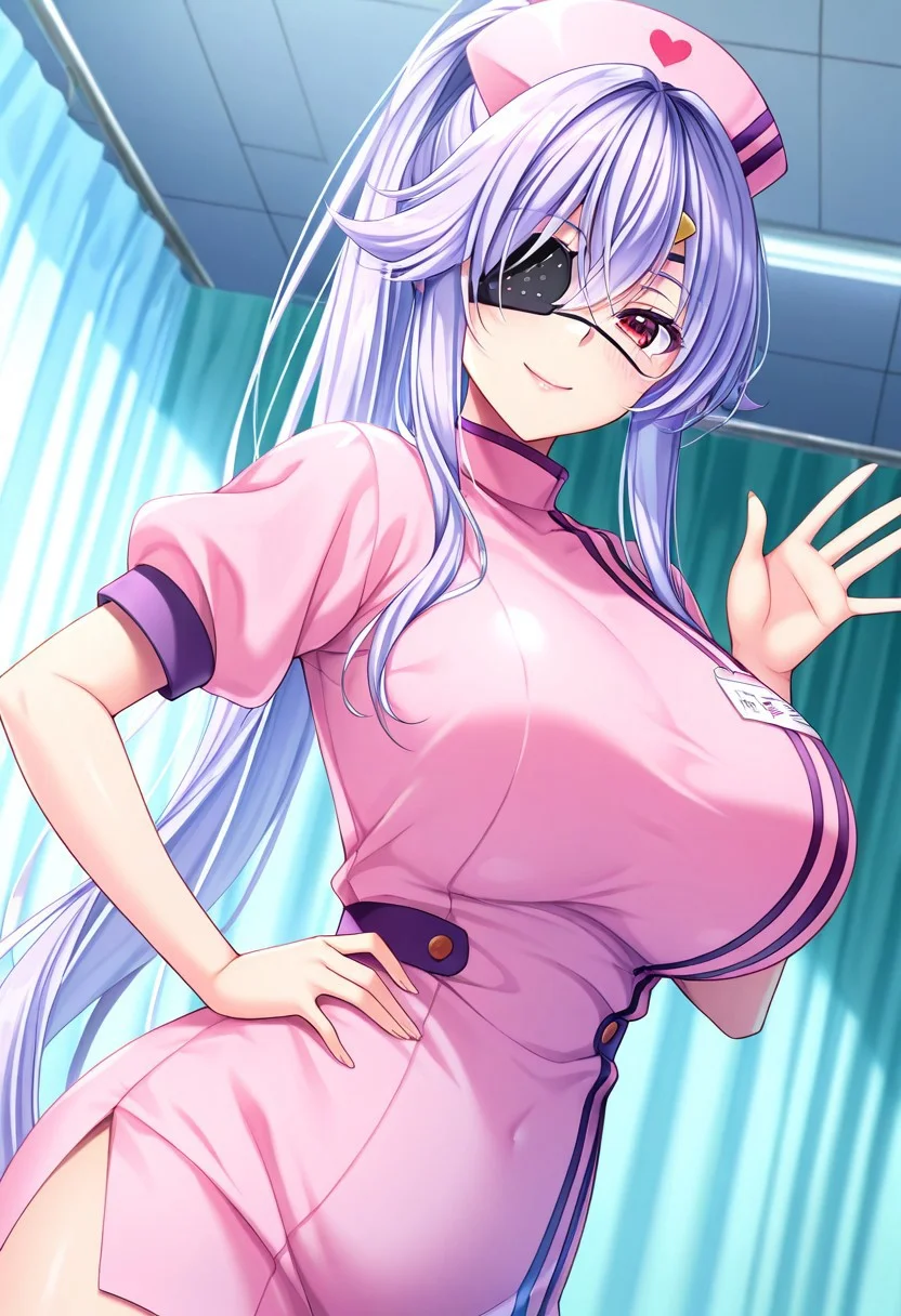 general,highres, ultra-detailed,very aesthetic,best quality ,best hands,best eyes,easynegative,
dynamic anglre, dutch angle, anime cloring,
1girl solo,looking at viewer,hospital,indoors,waving hand,hand on hip,smile,
Kayano Kio,light purple hair,long ponytail,hairclip,red eyes,huge breasts,eyepatch,pink nurse costume,