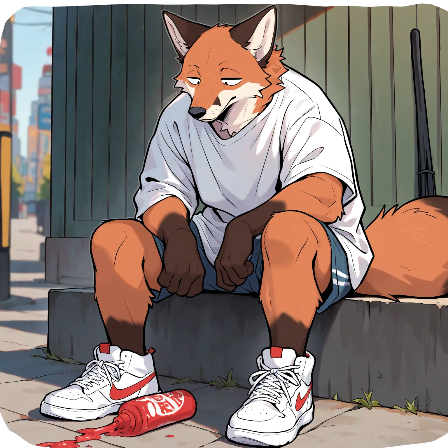 F00000X3s, digital art, core_9, score_8_up, score_7_up,result_9, result_8, result_7, result_6, masterpiece,solo, 1boy.Ultra best details, best quality, good binding quality,4k, ,50lly2, (sharp focus, perfect_anatomy), ,\(artwork\), detailes face,detailed fur, perfect fur details, perfect anatomy, masterpiece, best quality, amazing quality, very aesthetic,highres, incredibly absurdres, highres, masterpiece, ,male, red fox, sitting, sitting on the wax, on the street, having a slushie, loose t-shirt, shorts, sneakers