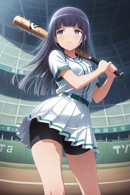 masterpiece, best quality, amazing quality,
 <lora:Mahiru_IL:1> mahiru, 1girl, long hair, skirt, baseball bat, bangs, shirt, pleated skirt, white skirt, blunt bangs, short sleeves, solo, sportswear, bike shorts, shorts, stadium