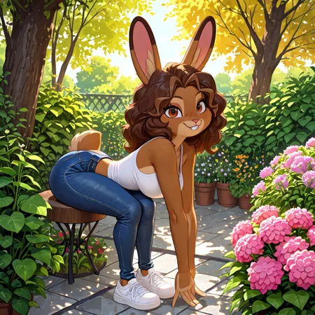 masterpiece, best quality, newest, absurdres, highres, furry, perfect anatomy, Br1anna,1girl,solo,furry,furry female,rabbit girl,brown hair,long hair,rabbit ears,brown eyes,animal nose,buck teeth,body fur,brown fur,rabbit tail, tall woman, white tank top, blue pants, skinny jeans, denim jeans, white shoes, white sneakers, garden, flowers, greenery, scenery, sunny day, looking at viewer, happy, arms down hands together,