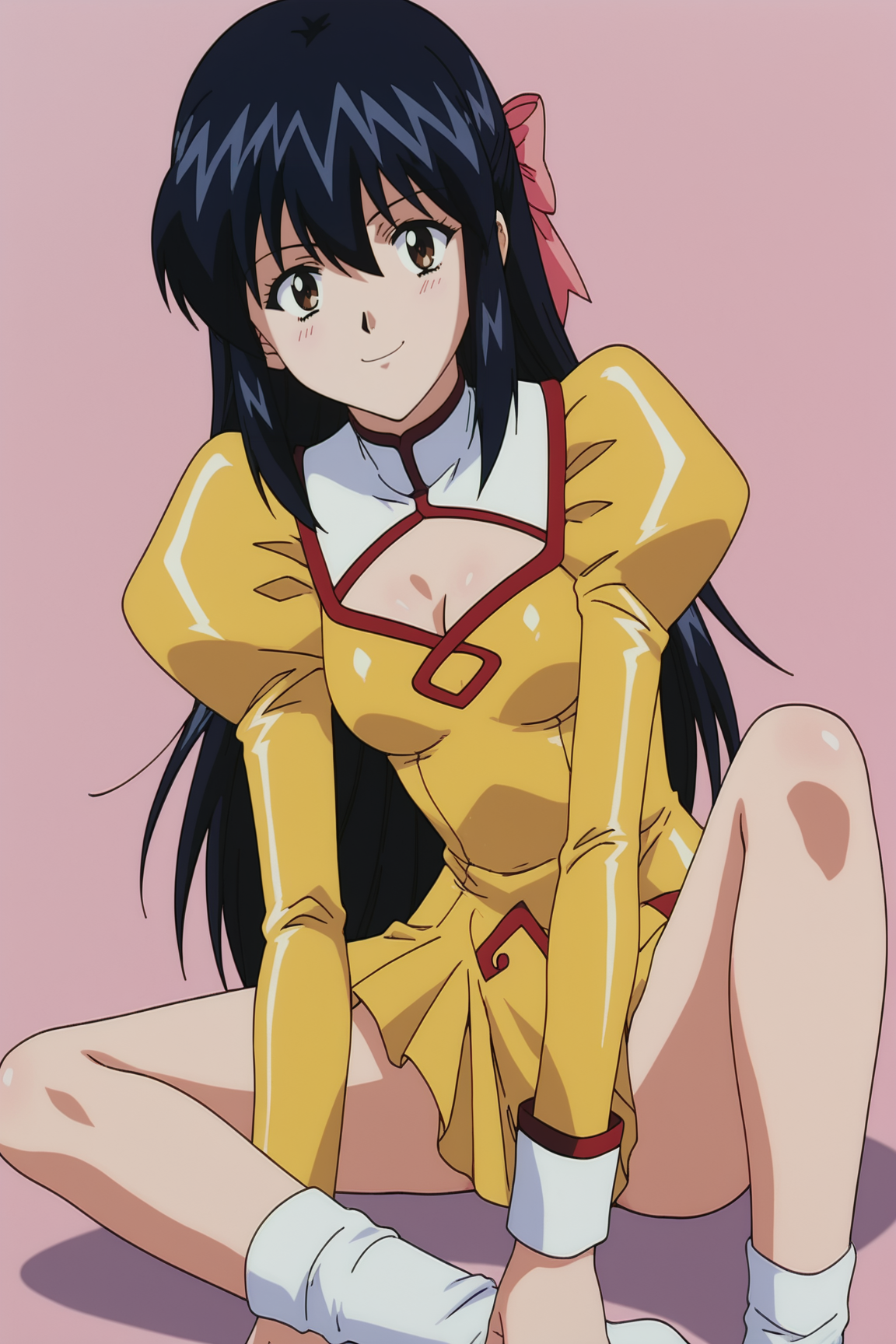 score_9, score_8_up, score_7_up, source anime, prefect lighting, very aesthetic, BREAK, anime coloring, anime screencap, retro artstyle, 
<lora:rie_petoriyacowa_v1-pdv6:1>, 1girl, rie petoriyacowa, agent aika, black hair, brown eyes, long hair, hair ribbon, pink ribbon,
rieout, long sleeves, yellow dress, cleavage cutout, juliet sleeves, miniskirt, white socks, 
BREAK, looking at viewer, light smile,
BREAK,