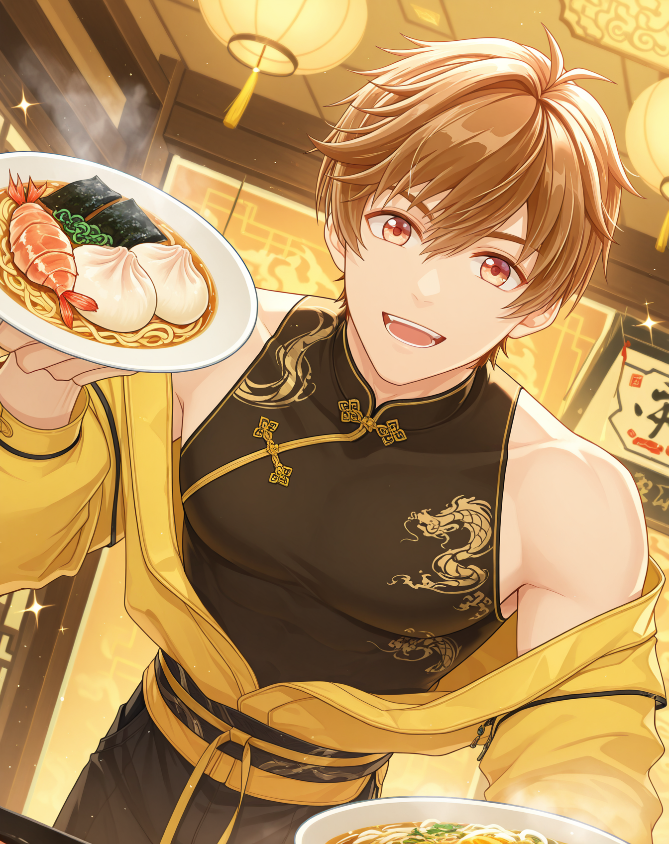 masterpiece, best quality, absurdres, very aesthetic, original style, 
1boy, solo, yaoi, male focus,looking at viewer,
<lora:Luke_Pearce_ilxl:1> lukepearce, brown hair, hazel eyes, short hair,  
sleeveless,chinese clothes, yellow jacket, black pants, baozi, long sleeves,bare shoulders,black shirt, 
holding plate, open mouth, smile, dumpling, noodles, :d,  shrimp, meat, teeth, indoors, steam, arm up, sparkle, ramen