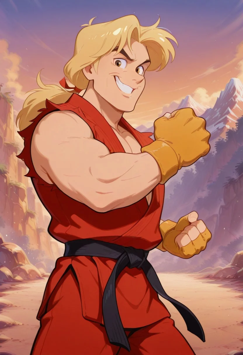 (cartoon, screencap:2),
best quality, masterpiece,
1boy, solo, male focus, cowboy shot,
(ken masters:0.75),
muscular male, blonde hair, curtained hair, long hair, brown eyes,
red dougi, red karate gi, martial arts belt, yellow fingerless gloves, red hair ribbon, ponytail,
fighting stance, outstretched arm, clenched hands,
looking at viewer, smirk, grin,
outdoors, mountains, wind