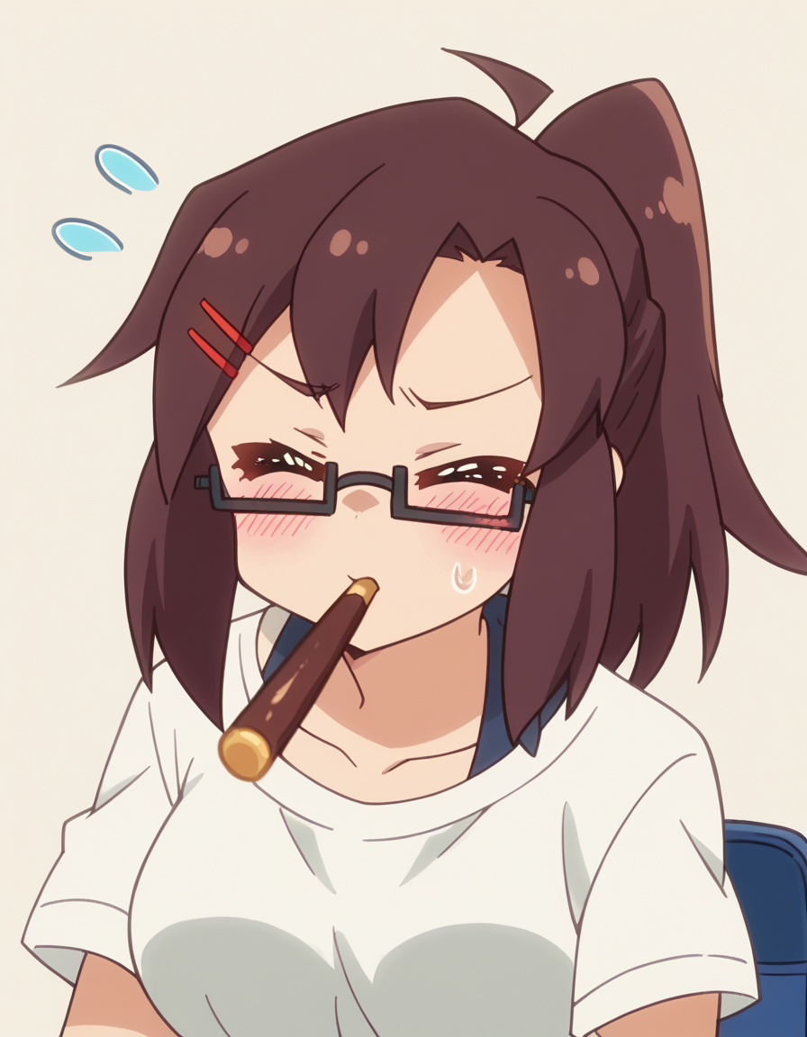 score_9, score_8_up, score_7_up, source_anime, <lora:yasuko-kouenji-s1-ponyxl-lora-nochekaiser:1>, yasuko kouenji, brown hair, hair ornament, brown eyes, ponytail, ahoge, glasses, hairclip, semi-rimless eyewear, under-rim eyewear, large breasts, anime screencap, <lora:incoming-pocky-kiss-ponyxl-lora-nochekaiser:1>, incoming pocky kiss, looking at viewer, blush, food, mouth hold, flying sweatdrops, pocky, closed eyes, foreshortening,, , cowboy shot, solo