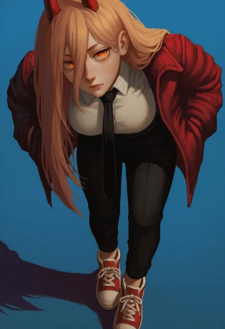 masterpiece, best quality, absurdres, highres, 1girl, black necktie, necktie, solo, long hair, horns, red eyes, shirt, jacket, white shirt, pants, black pants, red footwear, collared shirt, shoes, blonde hair, blue background, simple background, power \(chainsaw man\), hands in pockets, facing viewer, looking at viewer, ringed eyes, leaning forward, close-up, red jacket, from above, upturned eyes,
<lora:casato_ill:1>