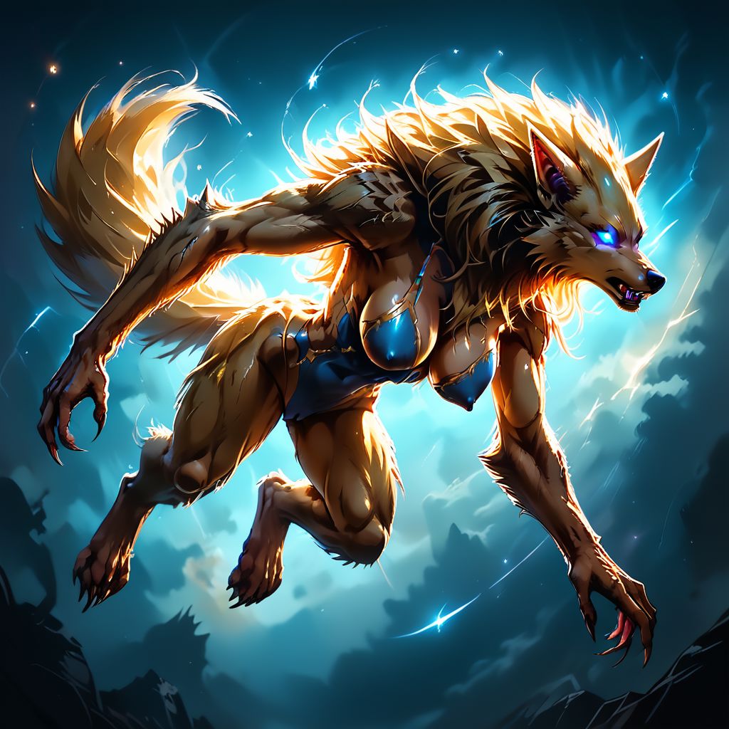 SCORE_9, SCORE_8_UP, SOURCE_FURRY, Expressiveh,  SSWW, GLOWING EYES, FEMALE-WEREWOLF, ANTHRO FURRY, LONG HAIR, FLYING, HIGH RES, ANTIALIASING, VIVID TEXTURE, BREAK. FULL BODY, BENDING OVER, SEXUALLY SUGGESTIVE, NIPPLE BULGE, CAMEL TOE, IN  OUTERSPACE, DISTANT GALAXY
