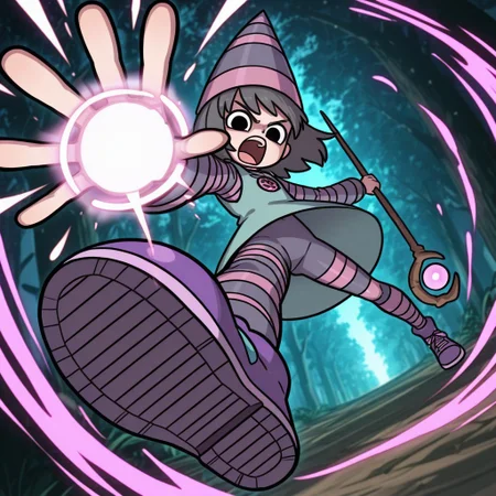 fantagoria,  Black eyes, Short dark gray hair with bangs, long pink and purple striped pointy hat, light teal sleeveless dress over pink and purple striped tight long-sleeved shirt, pink and purple striped long tights, purple sneakers.
Fantagoria using a staff and casting a spell while shouting. Magic, magical aura. I found a magical forest with neon lights.
dynamic pose, foreshortening, extreme perspective
perspective
view from below,