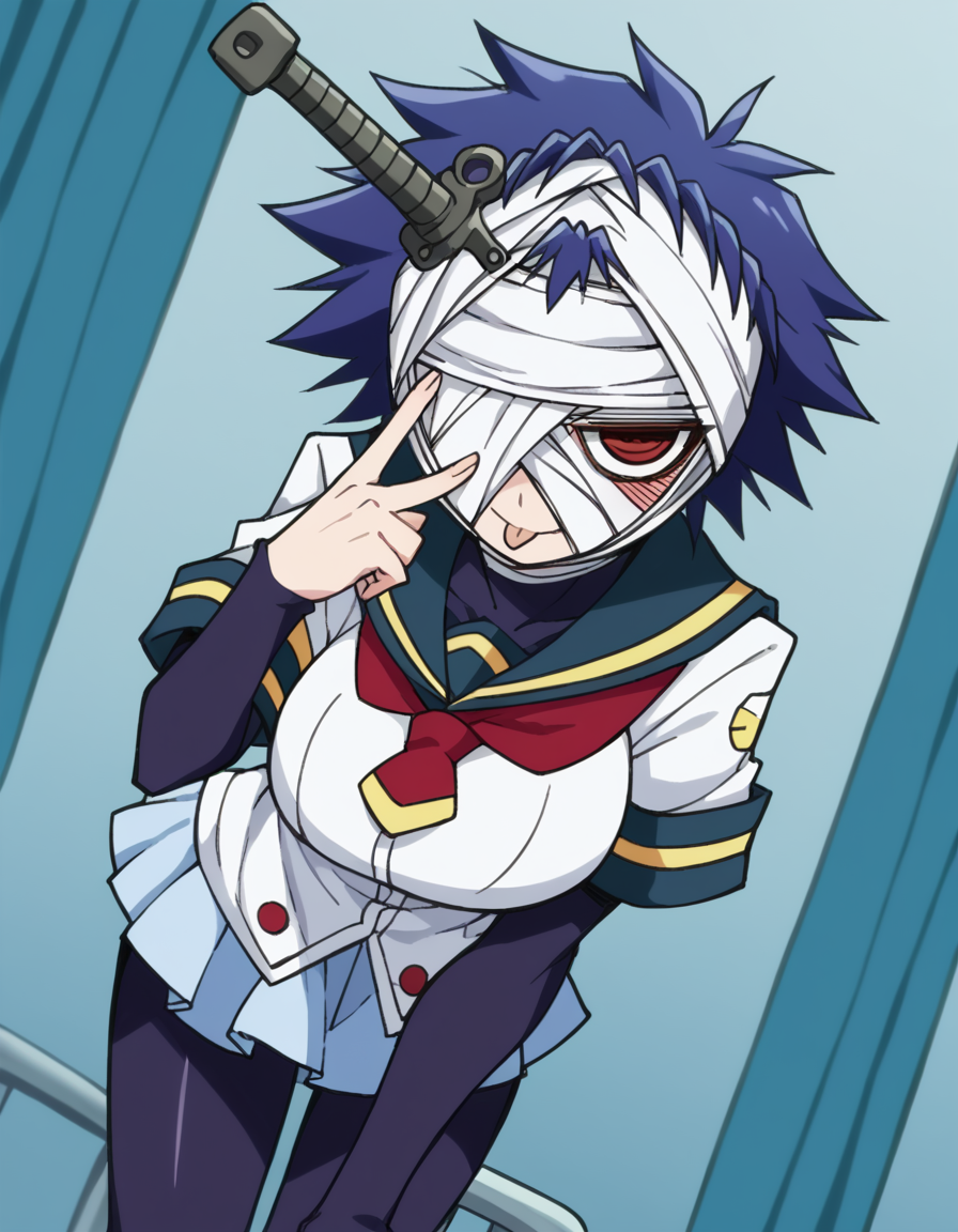score_9, score_8_up, score_7_up, source_anime, <lora:youka-naze-s2-ponyxl-lora-nochekaiser:1>, youka naze, short hair, large breasts, red eyes, blue hair, bandages, bandage over one eye, skirt, school uniform, pantyhose, serafuku,, infirmary, bed, medical supplies, nurse, first aid, smile, <lora:akanbe-ponyxl-lora-nochekaiser:1>, akanbe, eyelid pull, finger to eye, tongue out, :p, tongue, ;p, blush, leaning forward, bent over, from side,, looking at viewer, solo,, dutch angle, cowboy shot