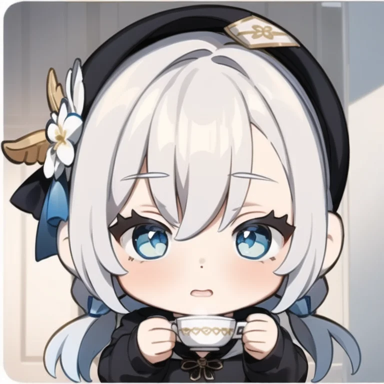masterpiece, best quality, chibi, 1girl, solo, white hair, blue eyes, black hoodie, holding teacup <lora:GenshinStickers:1>