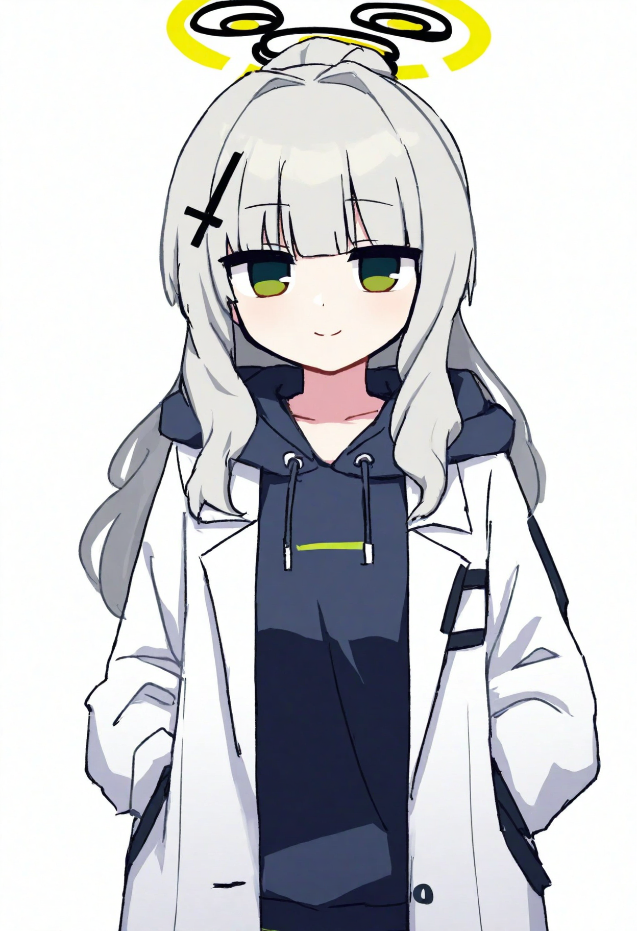 high definition, amazing quality, very aesthetic, best quality, masterpiece, highres, white background, simple background, 
 <lora:hibino_style_NoobAI_v1:1> hibino, 1girl, solo, looking at viewer, hare \(blue archive\), lab coat, flat chest, smile,