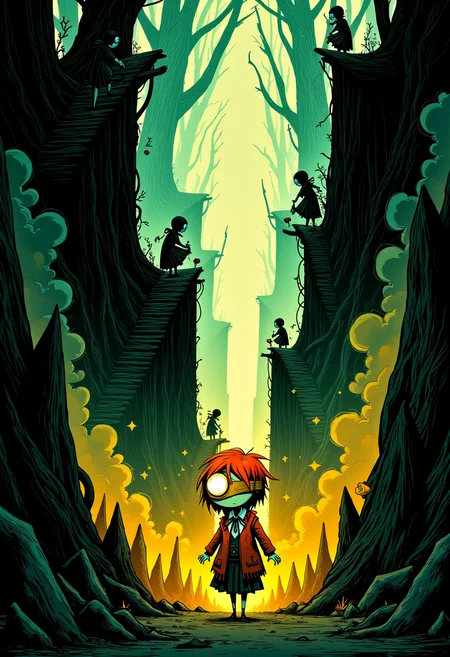 WackyGraphDaal In a surreal, Tim Burton-inspired landscape, a blindfolded cyclops child, dressed in a tattered school uniform, leads a procession of shadowy figures through a maze of floating staircases and upside-down trees. The child's single eye emits a soft glow, illuminating the path ahead. The illustration delves into themes of guidance and inner vision, using a dark, whimsical style to explore the journey from ignorance to enlightenment.