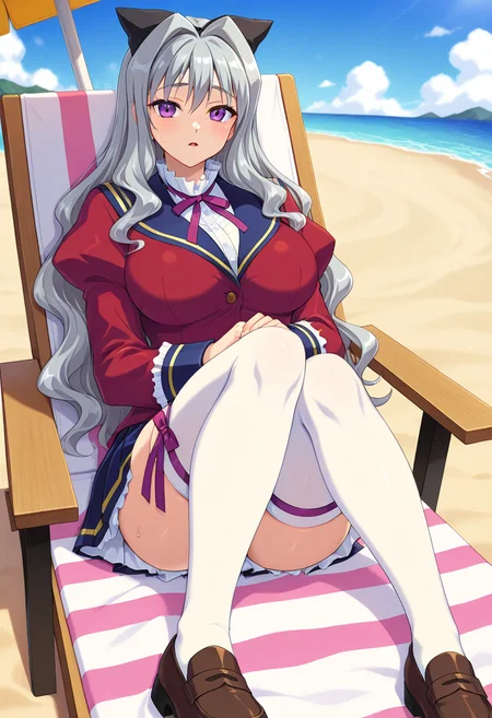 masterpiece, best quality, amazing quality, absurdres, 1girl, solo, shoukoww, purple eyes, long hair, grey hair, wavy hair, hair intakes, black hair bow, large breasts, school uniform, purple neck ribbon, red jacket, white dress shirt, puffy sleeves, juliet sleeves, dark blue pleated skirt, petticoat, zettai ryouiki, white thighhighs, purple thigh ribbon, loafers, <lora:Aihara_Shouko_Gakuen_Saimin_Reido_ill:0.8>, lying, on chair, parted lips, looking at viewer, sweat, outdoors, day, beach, ocean, beach umbrella, beach towel, beach chair, skindentation, detailed clothing folds, depth of field, sharp, high contrast, dynamic light