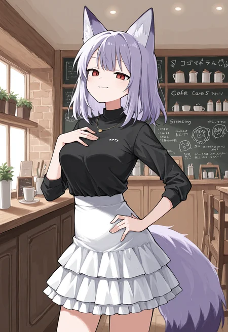 (masterpiece), (best quality), (ultra-detailed), amazing quality, very aesthetic, illustration, newest,colorful, <lora:odayaka_style:1>, odayaka-ill
1girl, solo fox girl, medium hair, purple hair, purple fox ears, purple fox tail, medium breasts, doyagao, smug, black shirt, frilled skirt, white skirt, red eyes, tarame, indoors, cafe, no_ears, hand on own hip, hand on own chest,