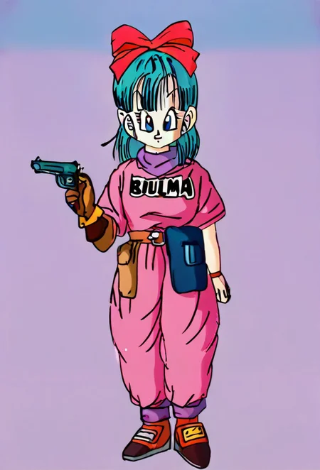 (1girl, solo,, , holding weapon, holding gun, handgun, hand in pocket, aiming, full body, hkwarrior, (bulma \\(dragonball\\), aqua hair, blue eyes,:1.3):1.3),(Walking positions, full body focus, body focus:1.3),zPDXL3,SimplePositiveXLv2