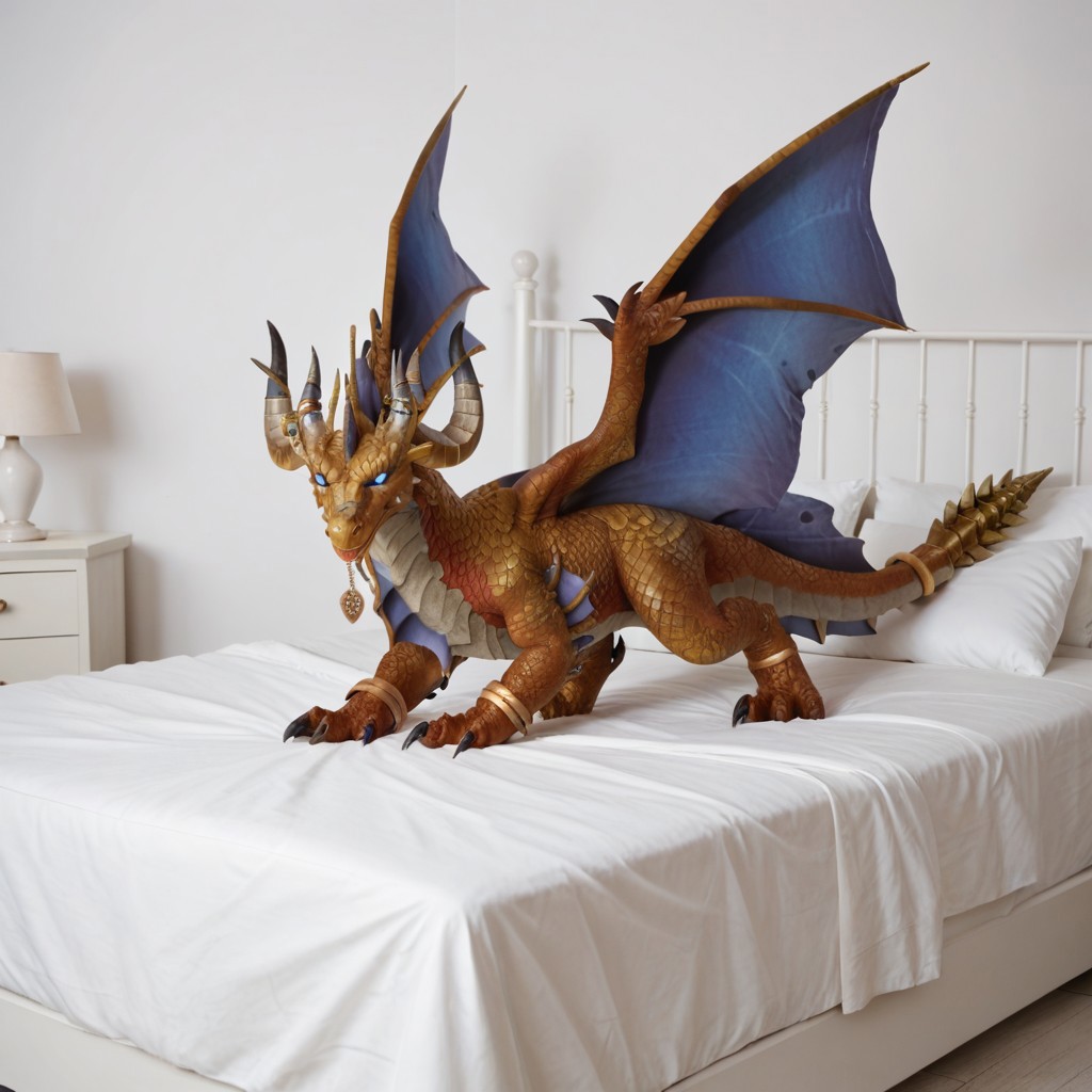 score_9, score_8_up, score_7_up, score_6_up, masterpiece, high quality, realistic, detailed, best quality, 1girl, solo, rating_safe, source_furry, white bed, bedroom, smiling, seductive, looking at viewer, on bed, full body, feral, soridormi_wc, dragon, bronze scales, wings, horns, tail, claws, female, 1girl, (blue sclera, glowing eyes) feral