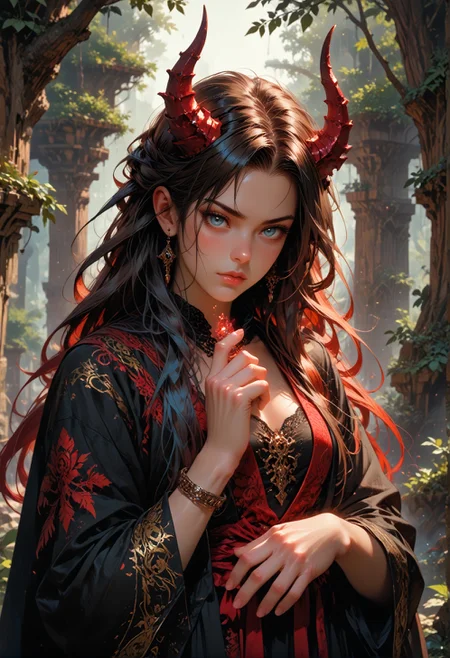 score_9,score_8_up,score_7_up,embedding:zPDXL2, film grain,Cinematic Lighting, Expressiveh,th3rm4l,colorful, MythAn1m3, source_anime, monster girl, very beautiful, wizard, black robe, red trim, long hair, horns, scales, blue and purple gradient skin, magic on finger, in the forest, fantasy, solo focus,epic, concept art, realistic, highly detailed<lora:增强\(收藏)\sdxl_lightning_8step_lora.safetensors:1.0:1.0> <lora:增强\(收藏)\Expressive_H-000001.safetensors:0.4:0.4> <lora:增强\(收藏)\Hands XL 4.safetensors:1.0:1.0> <lora:增强\(收藏)\glowneon_xl_v1.safetensors:0.5:0.5> <lora:extremely detailed (no trigger).safetensors:0.6:0.6> <lora:增强\(收藏)\sinfully_stylish_PONY_0.2.safetensors:0.4:0.4> <lora:Velvet's Mythic Fantasy Styles Anime Illustrations.safetensors:0.8:0.8>