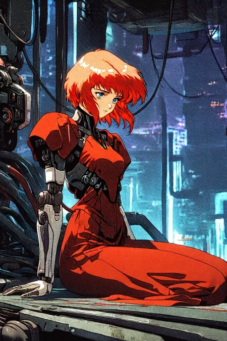 score_9, score_8_up, score_7_up, score_6_up, score_5_up, score_4_up, blue eyes, red hair, red dress, 1girl, <lora:retro_scifi_artstyle-000021:1>, android, cyborg, mechanical arm, solo, alone, retro_artstyle, retro, cyberpunk, sitting, cable, masterpiece, highres, cyberpunk city background