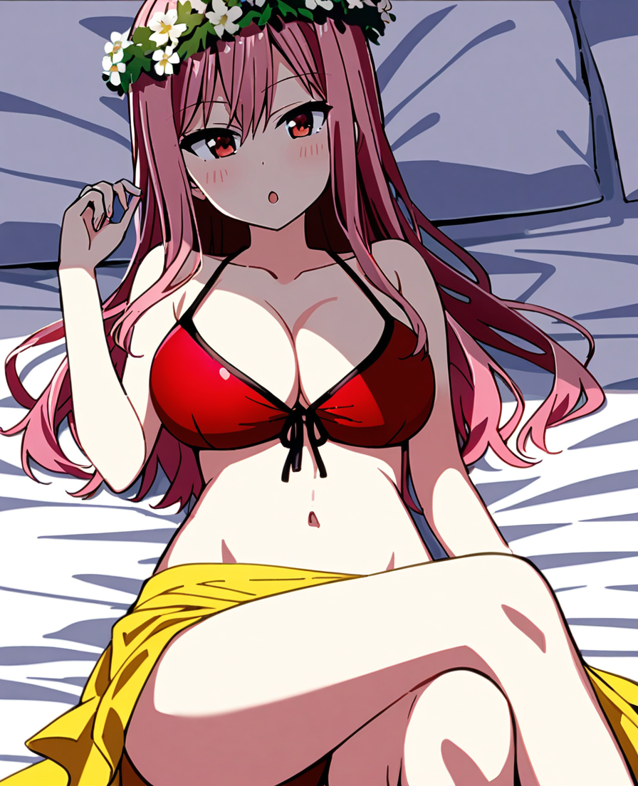 character: Mizuki (ç¾æ), 1girl, solo, lying on bed, long hair, pink hair, large breasts, flower, red eyes, white head wreath, :o, yellow sarong, cleavage, navel, collarbone, red bikini, front-tie bikini top,<lora:Mizuki (ç¾æ) v5 (æ­£ååå¾ç¿»è½¬)-000015:1>crossed legs,