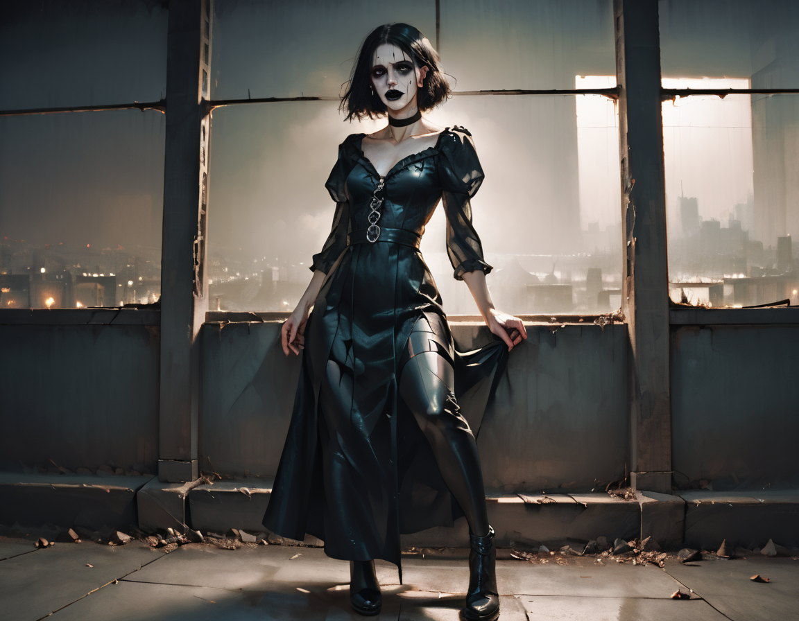 (score_9,score_8_up,score_7_up:1), 1girl, full body, cinematic panning shot, horror, neon body light, low ambient light, yandere, crazy eyes, (goth, (black lipstick, black mascara, black eyeshadow)), (toned), black hair, dreadlocks, choker, eyeshadow)), (albino scarred skin), big ass, tight butt, (mourning), foggy spaceship, (<lora:goth_clothes:1>, goth dress, gothic jewelry, black dress, detailed dress, black high heeled shoes), <lora:Latex_Dungeon_ZXC_Style_Pony_-_Snoodler_-_V3:1> zxc_style