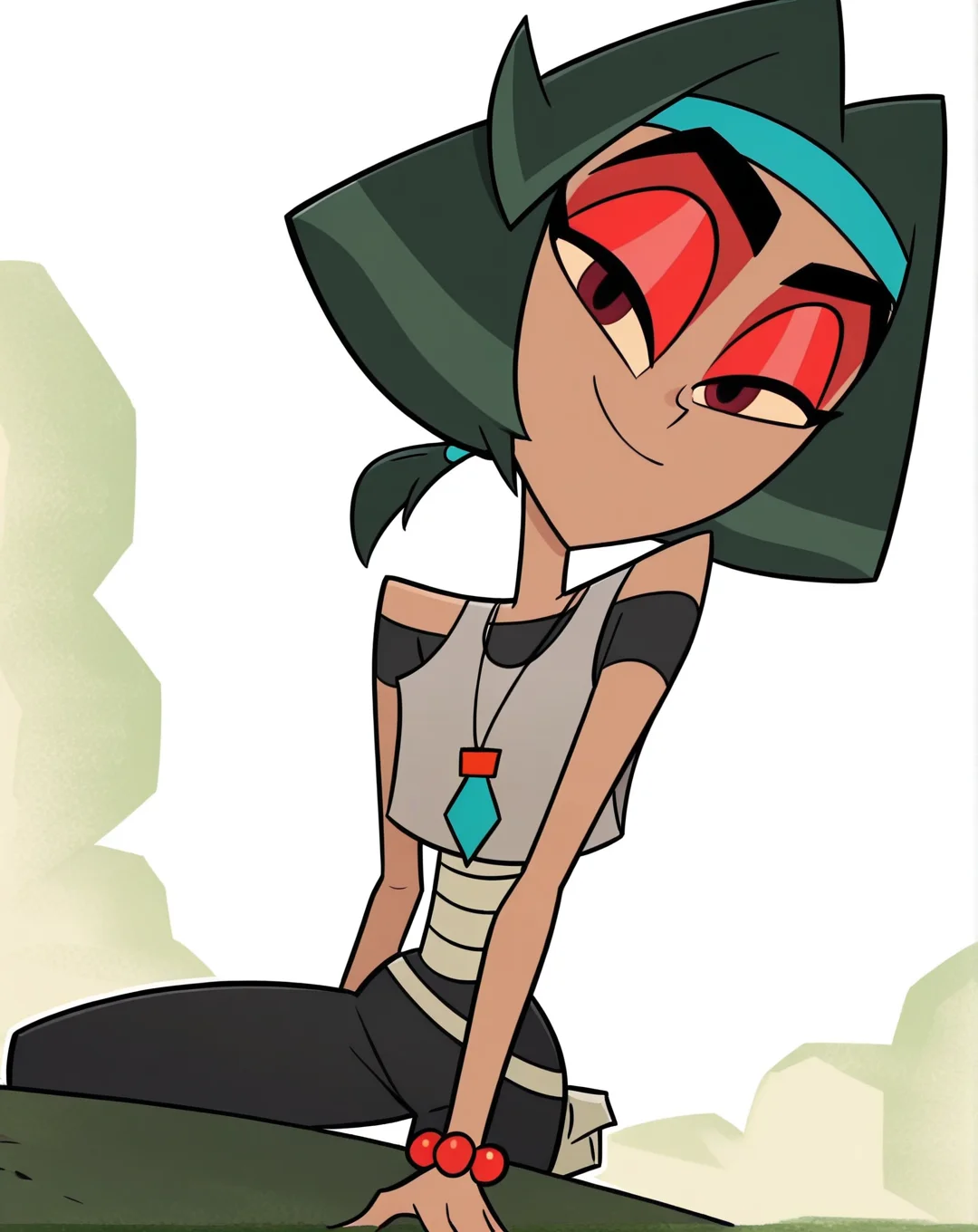 score_9, score_8_up, score_7_up, BW_zyn, 1girl, solo, brown skin, dark red eyes, dark green hair, twintails, medium hair, red eyeshadow, headband, bracelet, necklace, black body suit, bandages, grey tank top, pov, from below, (smile, dutch angle, naughty pose, looking at viewer, outside, western background, cowboy, solo, dynamic pose, full_body, head tilt,),((white background, White frame, white outline))