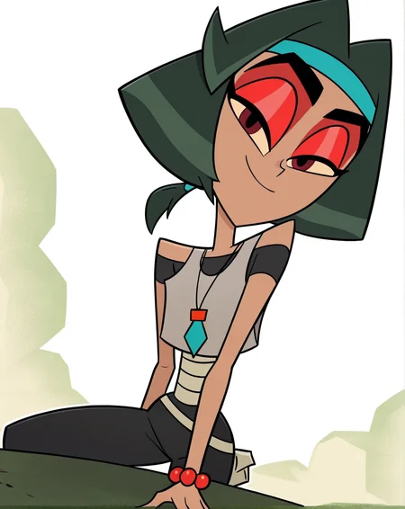 score_9, score_8_up, score_7_up, BW_zyn, 1girl, solo, brown skin, dark red eyes, dark green hair, twintails, medium hair, red eyeshadow, headband, bracelet, necklace, black body suit, bandages, grey tank top, pov, from below, (smile, dutch angle, naughty pose, looking at viewer, outside, western background, cowboy, solo, dynamic pose, full_body, head tilt,),((white background, White frame, white outline))