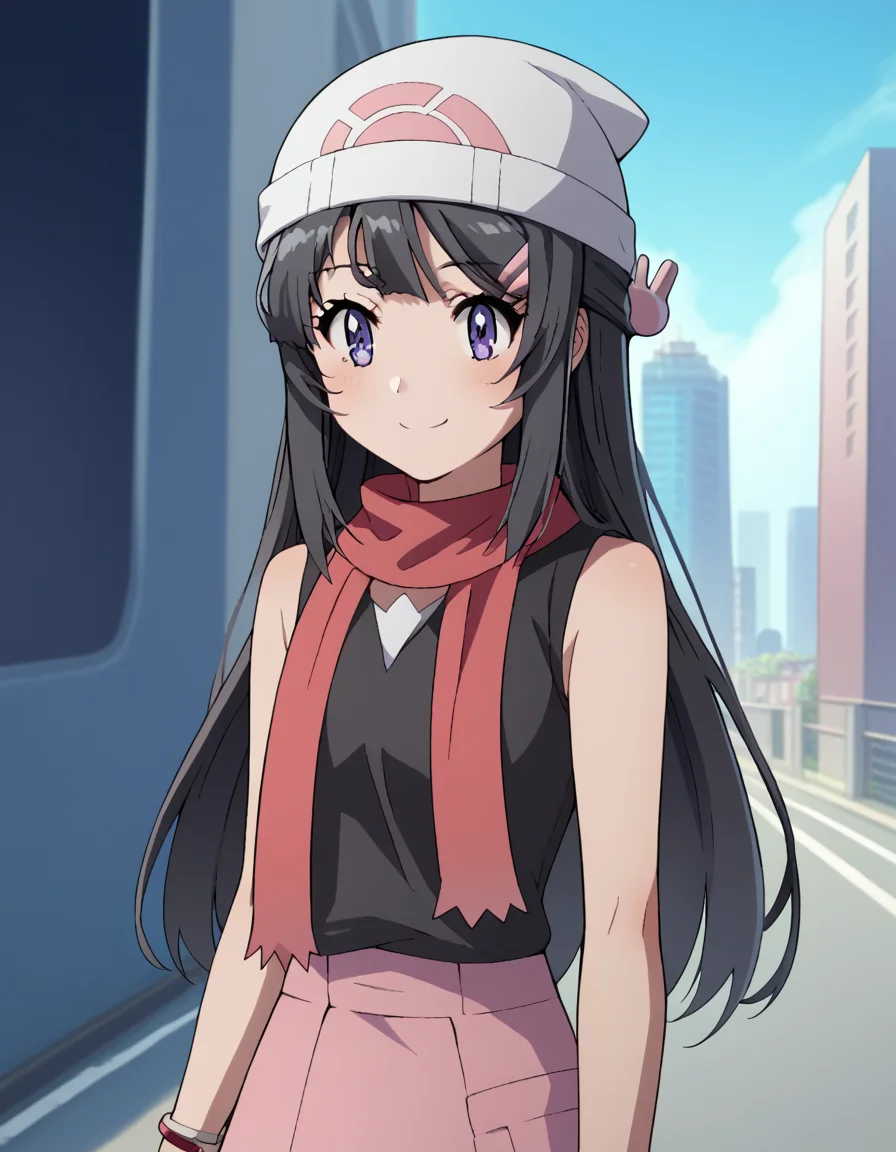 score_9, score_8_up, score_7_up, source_anime, maisakurajima, <lora:mai-sakurajima-s1-ponyxl-lora-nochekaiser:1> mai sakurajima, long hair, bangs, black hair, hair ornament, purple eyes, hairclip, rabbit hair ornament, medium breasts,, <lora:dawn-pokemon-cosplay-ponyxl-lora-nochekaiser:1>, dawnpokemoncosplay, dawn \(pokemon\) \(cosplay\), bare shoulders, beanie, black shirt, black socks, bracelet, hat, jewelry, kneehighs, miniskirt, pink skirt, red scarf, scarf, shirt, skirt, sleeveless, sleeveless shirt, white headwear,, cityscape, street, smile, blush,, cowboy shot, dutch angle, solo,