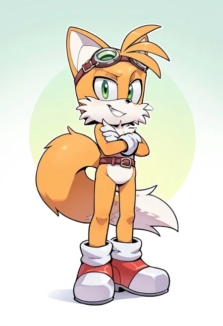 score_9, score_8_up, score_7_up, score_6_up, score_5_up, score_4_up, source_cartoon, flat colors, bold outline, white outline, simple background, gradient background, 1boy, solo, sonic \(series\), animal nose, two tails,
<lora:EvanStan-18:0.8> evnstnly, furry, tails the fox, two-toned fur, green eyes, (two large fluffy fox tails), aged up, goggles on head, belt, gloves, boots, full body, standing, crossed arms, looking at viewer, grin