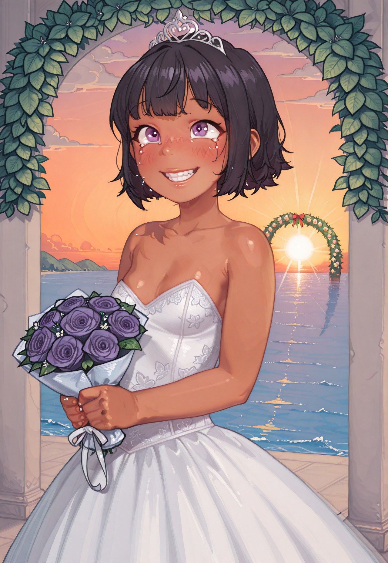safe_pos, best quality, masterpiece, very aesthetic, absurdres, highres, detailed, detailed skin, HD, 4K, geh1, galacticmichi, semi-realistic, rimixa, possmach, arrusa, orenji, 1girl, solo, aoi, dark skin, purple eyes,  short hair,  bangs, black hair, small breasts, wedding dress, white wedding dress, wedding, flower arch, holding bouquet, happy, smile, smiling teeth, tears of happiness, blush, coast, sunset, "good ending"