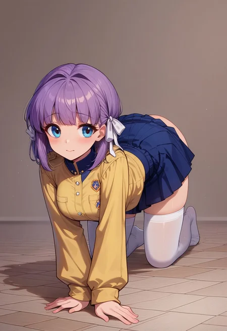 score_9, score_8_up, score_8, score_7_up, score_7, score_6_up, score_6, score_5_up, Score_5,
,
fujibayashi ryou, white_hair_ribbon,
,
big breast, big ass,
,
on all fours, elbows on floor, arched back,
,
yellow uniform, clannad uniform, blue skirt, white stockings
,
full body shot,
,
pastel colours,
,
<lora:sdxl/pony_summer_night_style:0.8> <lora:sdxl/Expressive_H-000001:0.8>