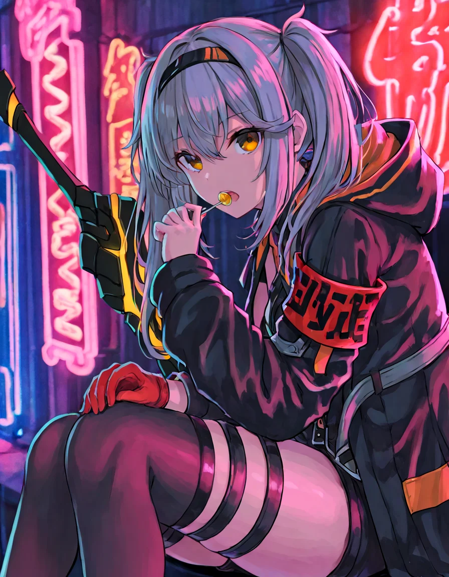 1girl, food, armband, lollipop, solo, holding, weapon, candy, thighhighs, looking at viewer, gloves, single glove, holding weapon, open mouth, hood, red armband, sitting, hairband, jacket, hood down, red gloves, holding food, hooded coat, long sleeves, twintails, grey hair, feet out of frame, open clothes, sidelocks, thigh strap, long hair, orange eyes, brown eyes, yellow eyes, black jacket, neon lights, holding lollipop, hooded jacket, holding candy, black coat, sword, hair between eyes <lora:cyberpunk:0.8>