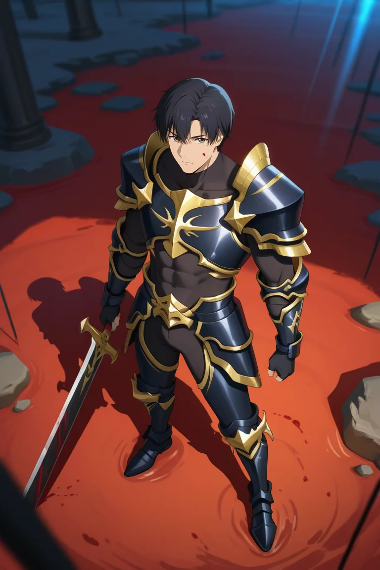 masterpiece, best quality, amazing quality, very aesthetic, high resolution, ultra-detailed, absurdres, newest, scenery, volumetric lighting, depth of field,anime screencap, , , 1boy, solo, male focus, <lora:yexiu:0.89>Ye Xiu, black hair,brown eyes, short hair,Looking at viewer, short hair, gloves, standing, full body, weapon,dragon sword, boots, black gloves, fingerless gloves,bodysuit,abs,armor,blood,outdoors,shoulder armor, gauntlets, pauldrons, breastplate, armored boots, black armor,from above