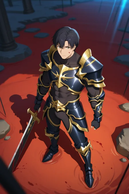masterpiece, best quality, amazing quality, very aesthetic, high resolution, ultra-detailed, absurdres, newest, scenery, volumetric lighting, depth of field,anime screencap, , , 1boy, solo, male focus, <lora:yexiu:0.89>Ye Xiu, black hair,brown eyes, short hair,Looking at viewer, short hair, gloves, standing, full body, weapon,dragon sword, boots, black gloves, fingerless gloves,bodysuit,abs,armor,blood,outdoors,shoulder armor, gauntlets, pauldrons, breastplate, armored boots, black armor,from above