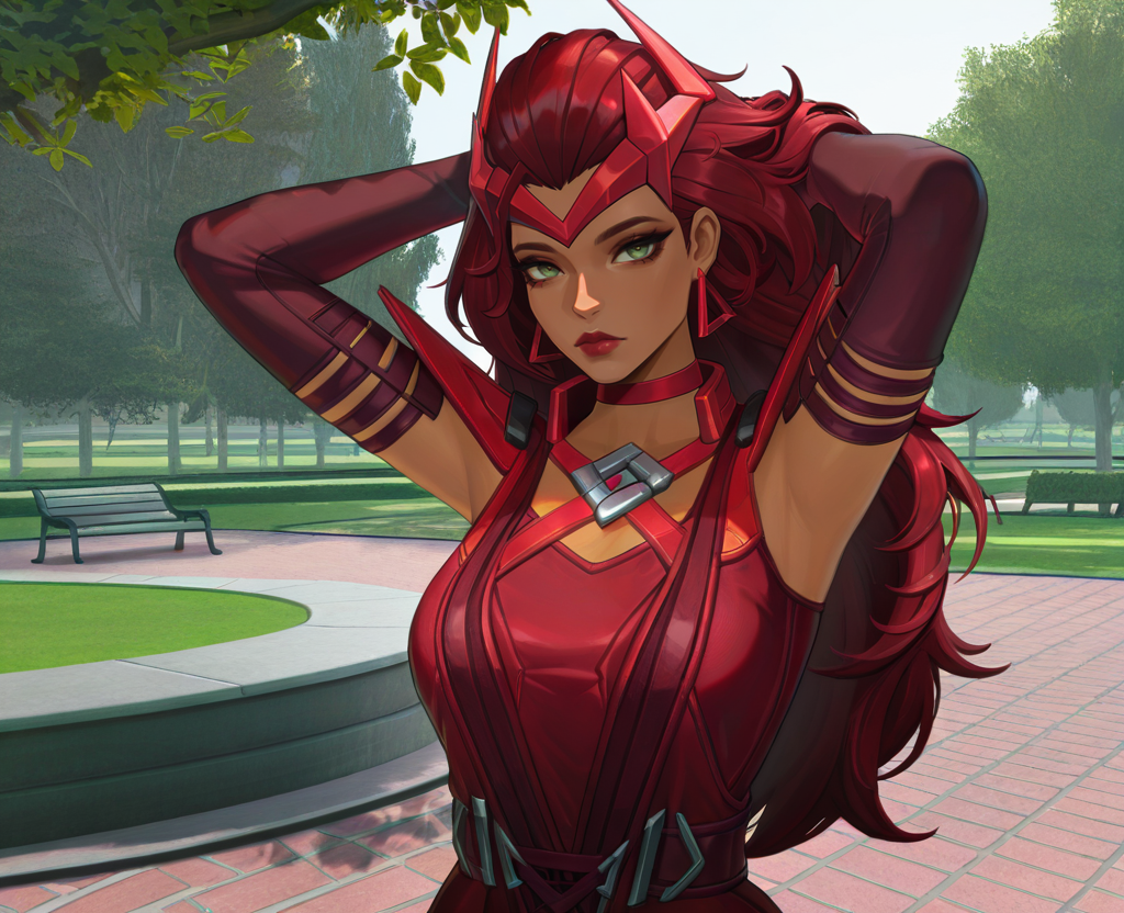 masterpiece, best quality, amazing quality, highres, absurdres, outdoors, park, scenery,  <lora:Scarlet_Witch_ILLUS_3:0.8>  , sc1, 1girl, solo, long hair, red hair, green eyes, red lips, elbow gloves, earrings, dress, headgear, choker, dark-skinned female, expressionless, ruffling hair, arms behind head, looking at viewer,