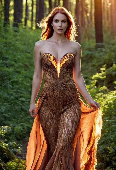 (score_9, score_8_up, (((realism, photograph), (photorealistic), realistic)), intricate detail), (soft lighting, sunset lighting), (beautiful woman, sexy woman, young woman, 20 years old, Celtic woman, (slender woman:1.7)), (detailed face:1.2), (smooth hair, long hair, auburn hair:1.8), (phoenix dress:1.1), (sleeveless, bare arms, strapless), (cleavage:1.6), walking in a forest, 8k uhd, dslr, high quality, film grain, Fujifilm XT3