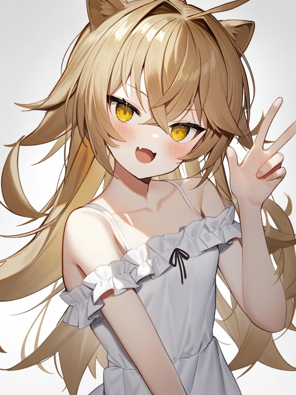 1girl,rurudo lion,hair flaps,ahoge,crossed bangs,hair intakes,lion ears,long hair,brown_hair,yellow eyes,petite,small breasts,upper body,white background,looking at viewer,[:blush:4],(one hand up:1.2),:d,white dress,off-shoulder dress,frills,v,
<lora:ag31-Sco_ttie_1-000034:1>,