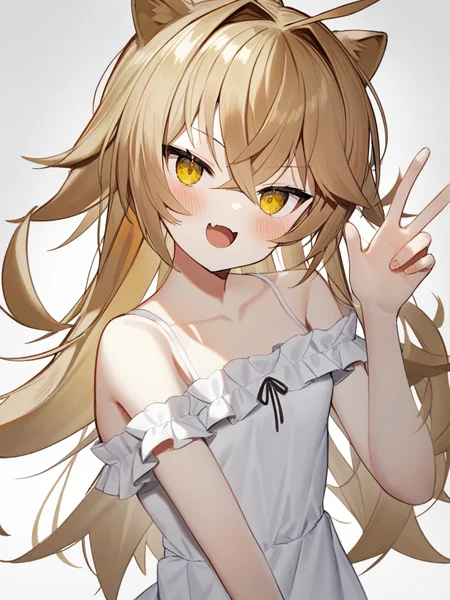 1girl,rurudo lion,hair flaps,ahoge,crossed bangs,hair intakes,lion ears,long hair,brown_hair,yellow eyes,petite,small breasts,upper body,white background,looking at viewer,[:blush:4],(one hand up:1.2),:d,white dress,off-shoulder dress,frills,v,
<lora:ag31-Sco_ttie_1-000034:1>,