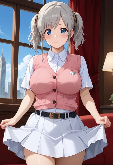 score_9, score_8_up, score_7_up, score_6_up, score_5_up, score_4_up, epic-Ultra-HD-details, epic-Ultra-HD-highlights, 2.5D-upscaled-resolution, source_anime, digital-quality, semi-realism, physically-realistic, lit, cutesie,
afrobullstyle,
BREAK source_anime, anime, best quality, masterpiece, rating_safe, uncensored, High quality, 8k, Ultra,
BREAK (4partment,indoors, window, scenery, cityscape),
BREAK 1girl,akari,grey hair,
ruanyi1018,black belt,collared shirt,pink vest,white skirt,
BREAK ((cowboy shot)),(standing),(from front),(((from front))),
busty breasts,(((large breasts:1.2))),(thick thighs:1.2),
looking at viewer,embarrass,blush,,erect nipples,
{{{Hold the hem of a skirt))),
(((Lift up your skirt)))
