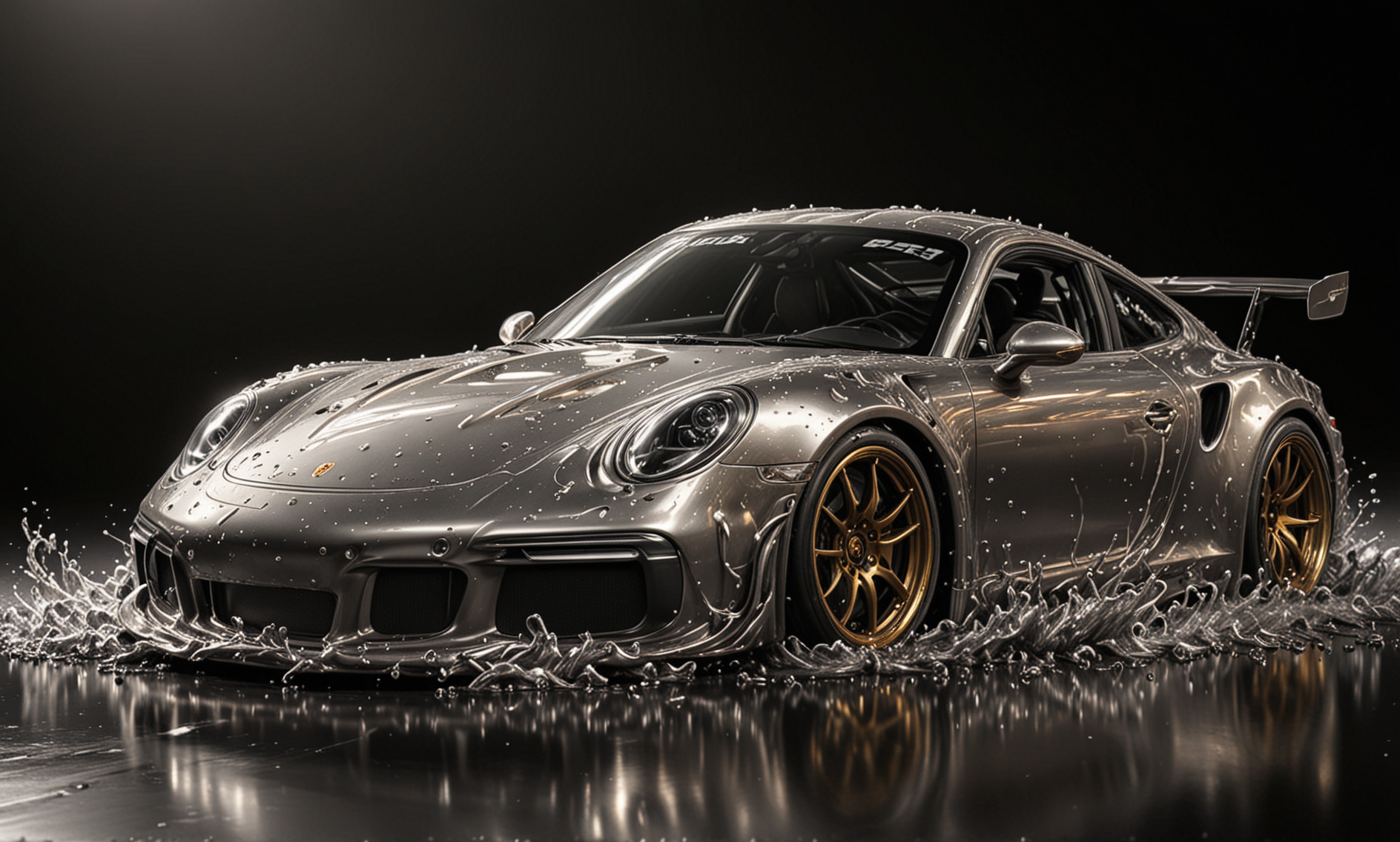 GOLD LIQUID METAL Porsche 911 RS3, race car, racing through SILVER LIQUID METAL, Car drifting in a black void, UHD, <lora:Liquid_Fluid_Metal_XL_-_By_DICE:0.7>