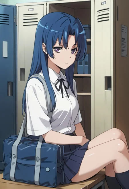 score_9, score_8_up, score_7_up, source_anime, kawashima ami, blue hair, long hair, purple eyes, 1girl, solo, school uniform, locker, bag, sitting